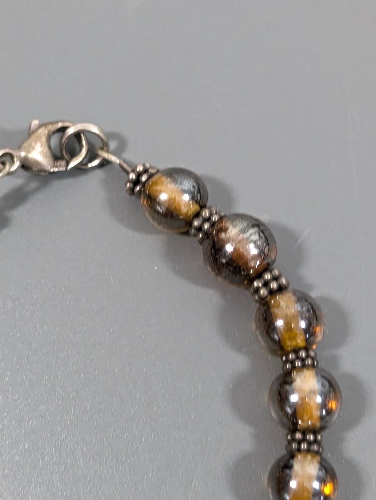 Boho Western Brown Iridescent Glass Round Bead Bracelet Sterling Clasp 6.5 in
