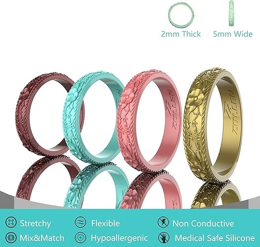 Silicone Wedding Rings for Women 4 Pack -Stackable Silicone Rubber Wedding Bands