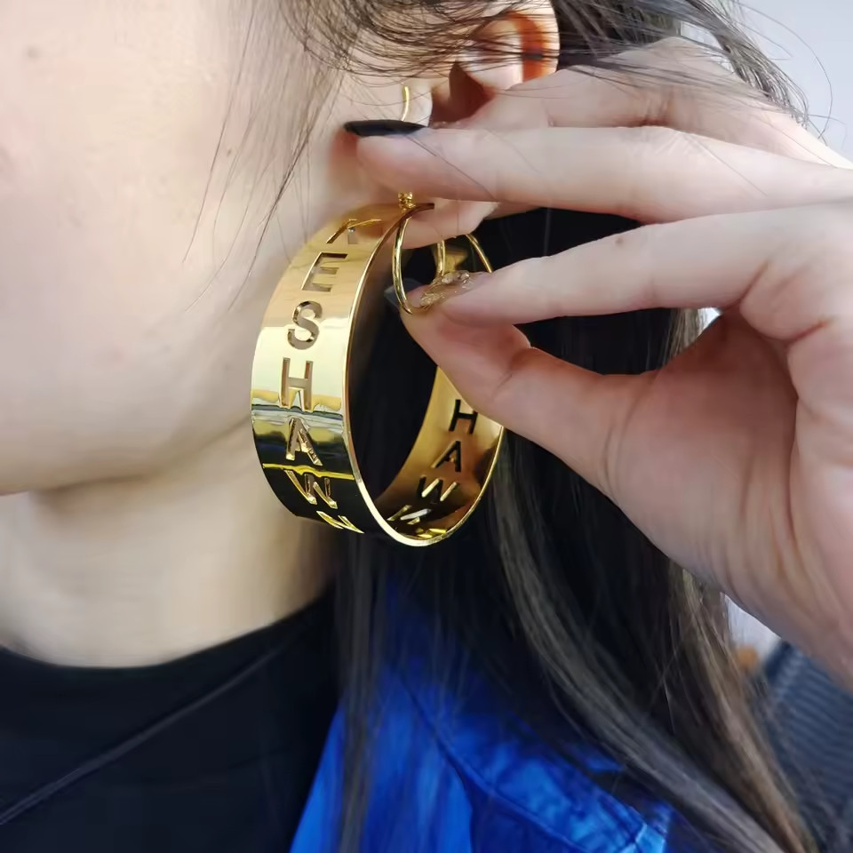 Custom Hollow Letters Name Earrings Pair Jewelry Hoop Round Stainless Steel Gold