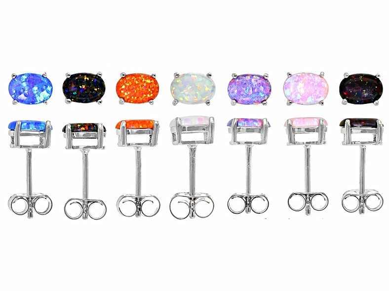 Multi-Color Oval Lab Created Opal Rhodium Over Sterling Set of Stud Earrings NEW
