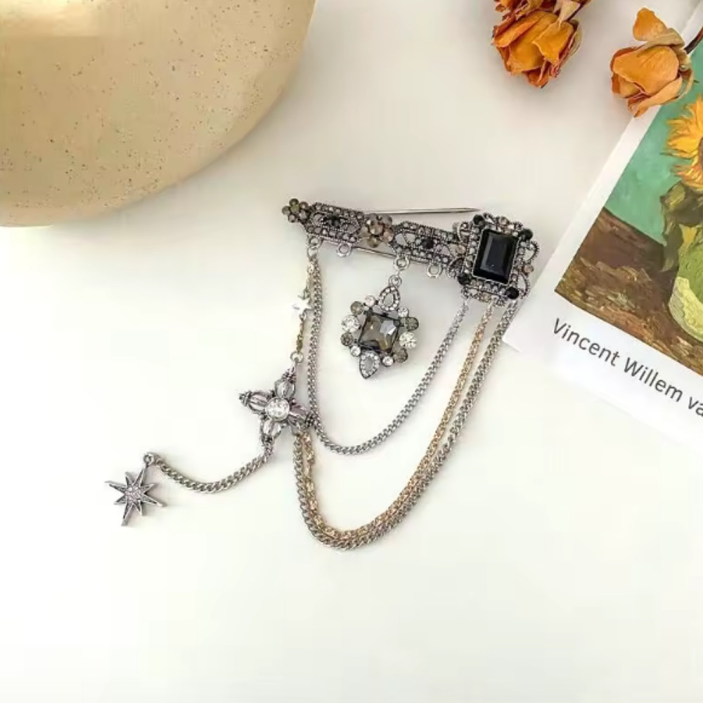 Fashion Black Gemstone Sparkling Rhinestone Star Tassel Chain Brooch Pin Jewelry