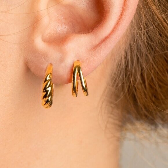 Gold Huggie Earrings Double Hoop Small Thick 18K Gold Huggies For Everyday Wear