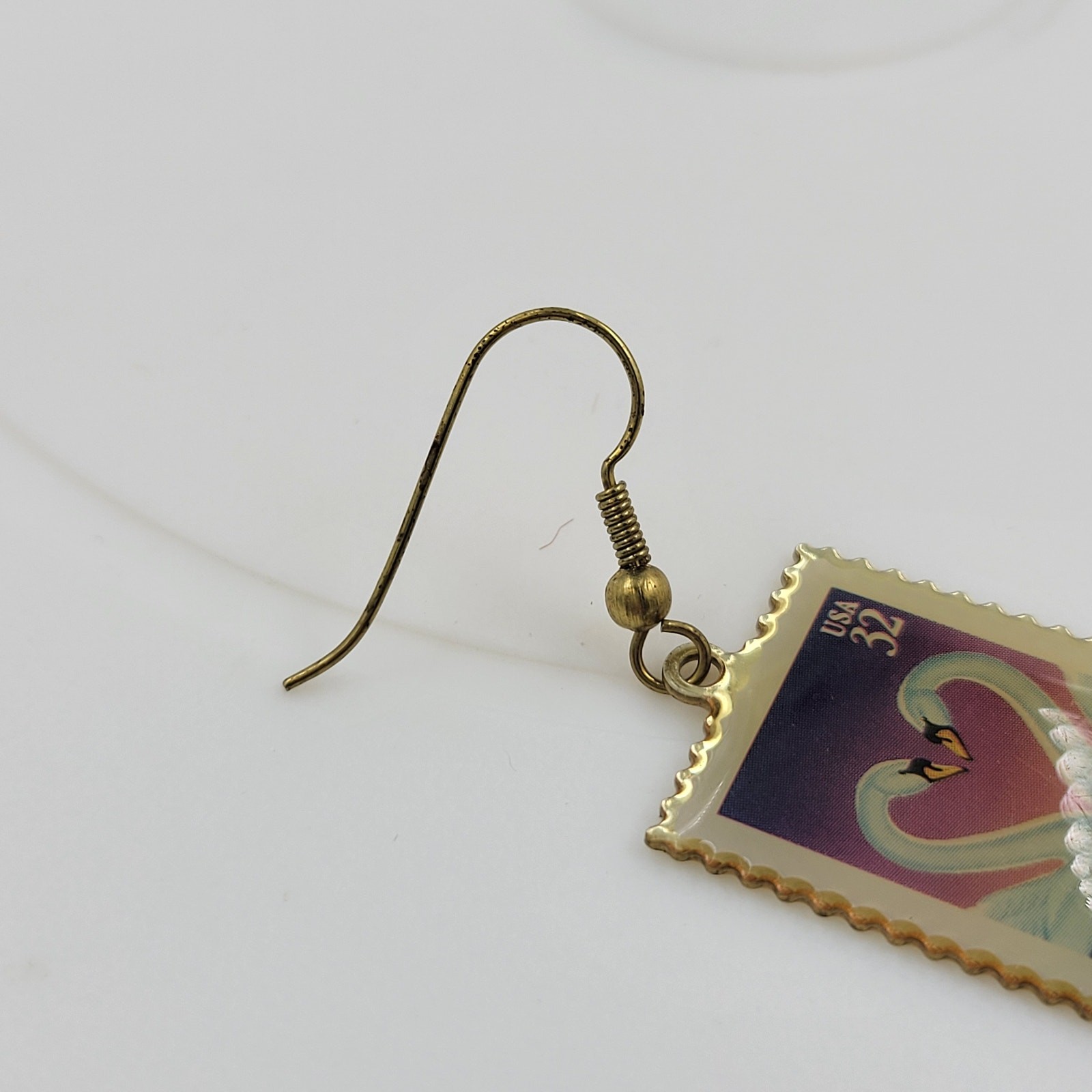Swan Love 32 Cent Stamp Dangle Earrings Heart Gold Tone Postage Mail USA