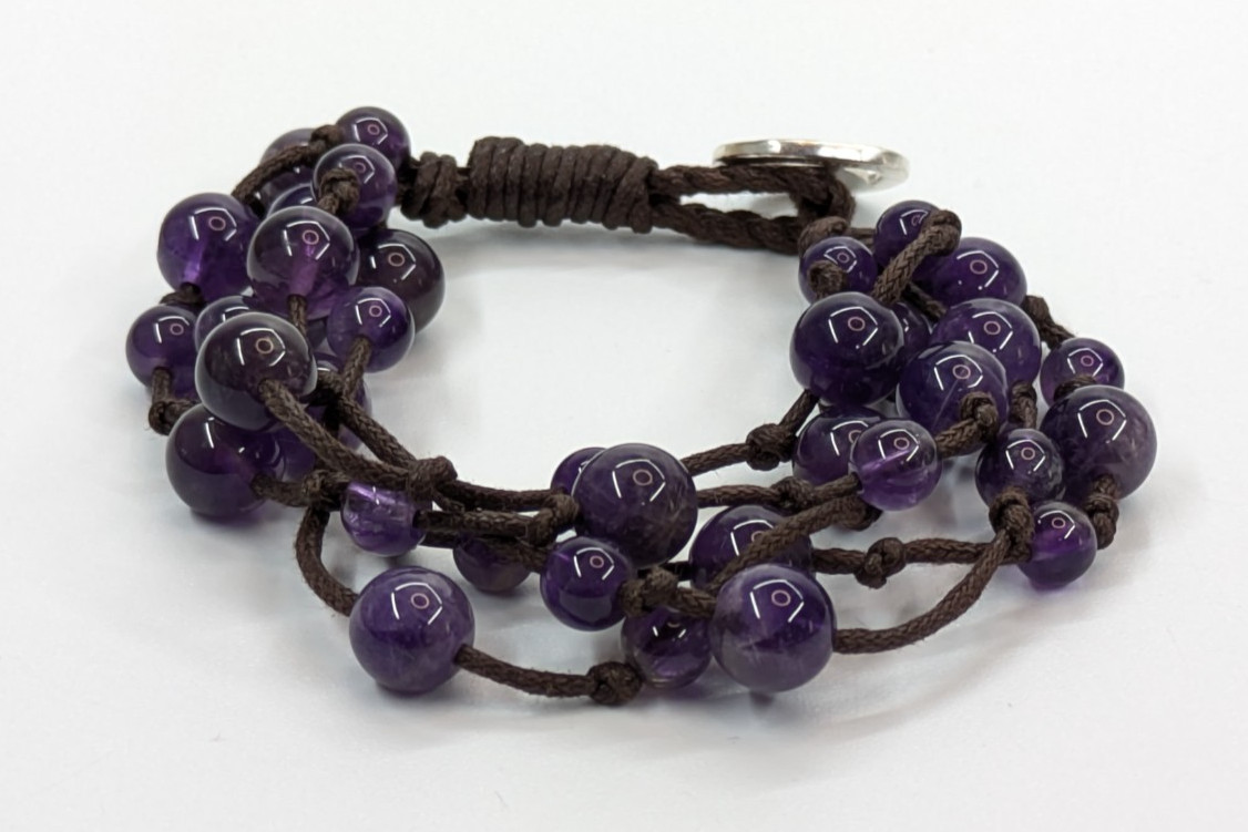 Purple Amethyst Stone Beaded Multi Strand Sterling Silver 925 LA Signed Bracelet