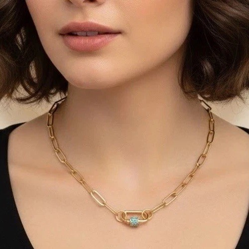 18K Gold Plated Locked Heart Carabiner Necklace Titanium Steal Womens Jewelry