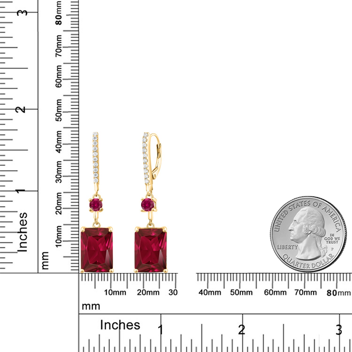 Created Ruby Drop Dangle Earrings For Women | 10.80 Cttw | 14X10MM Emerald Cut