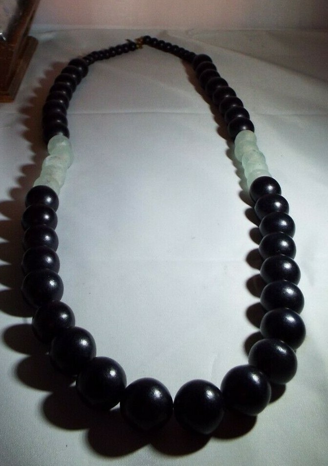 41″ LONG BOHO NECKLACE BY INK ALLOY, BLACK WOOD AND ROUGH CUT STONES ?. UNIQUE