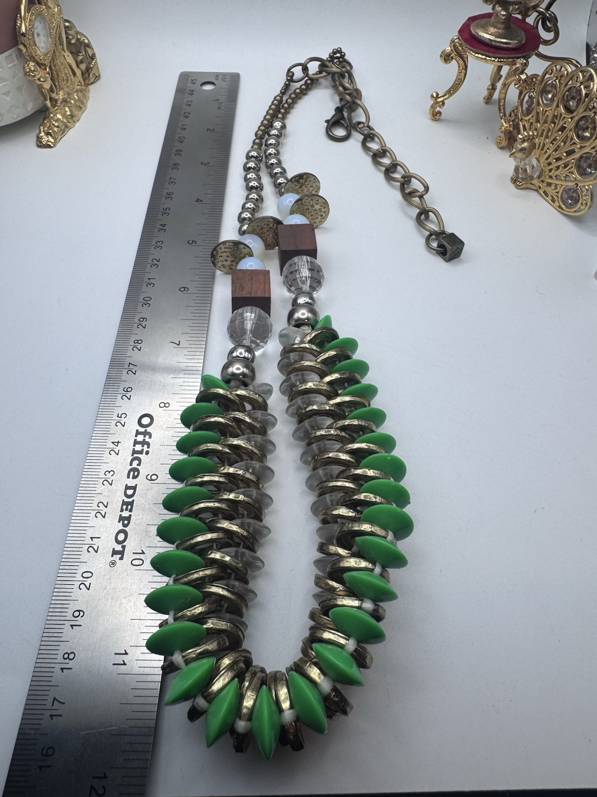 Pam Hiran Coil & Beads Necklace Green-Clear Glass & Gold Beads Whit Silver Chain
