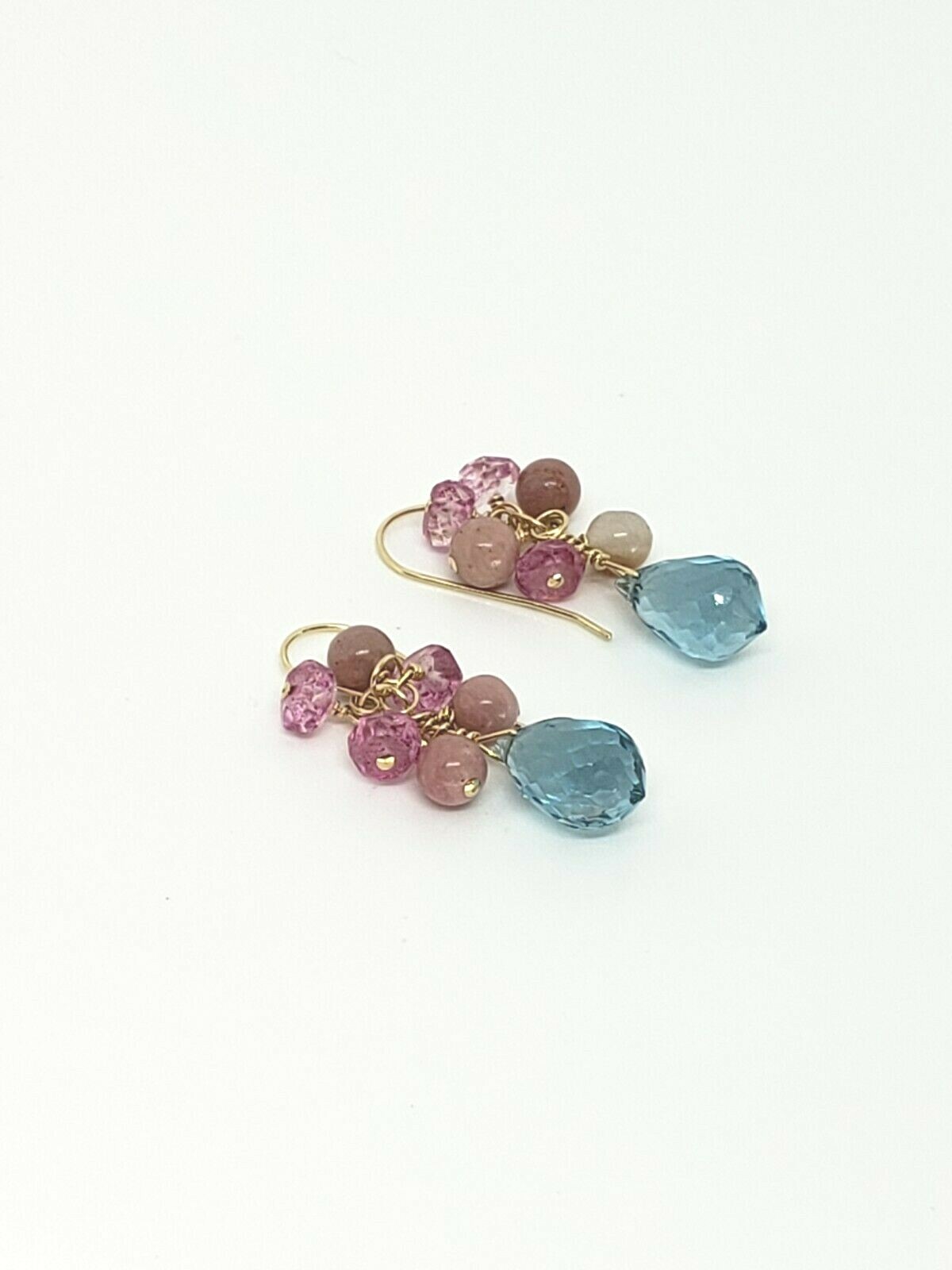 14k Yellow Gold Blue and Pink Topaz Pink Peruvian Opal Cluster Dangle Earrings
