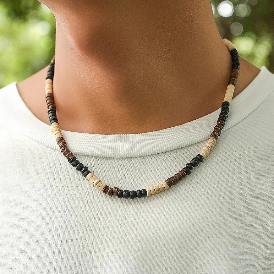 1pcs Men’s Wooden Bead Surfer Necklace – Handmade Tribal Summer Jewelry -NEW