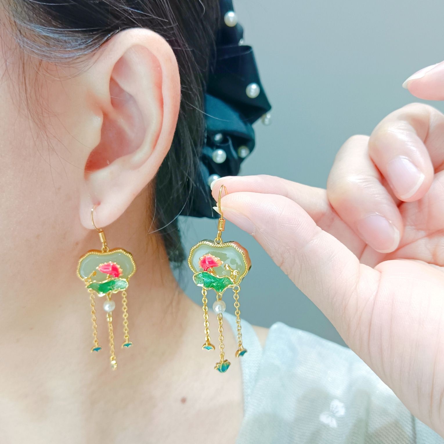 New Chinese Style Enamel Tassel Earrings with Agate Vintage Chinese Ear Jewelry
