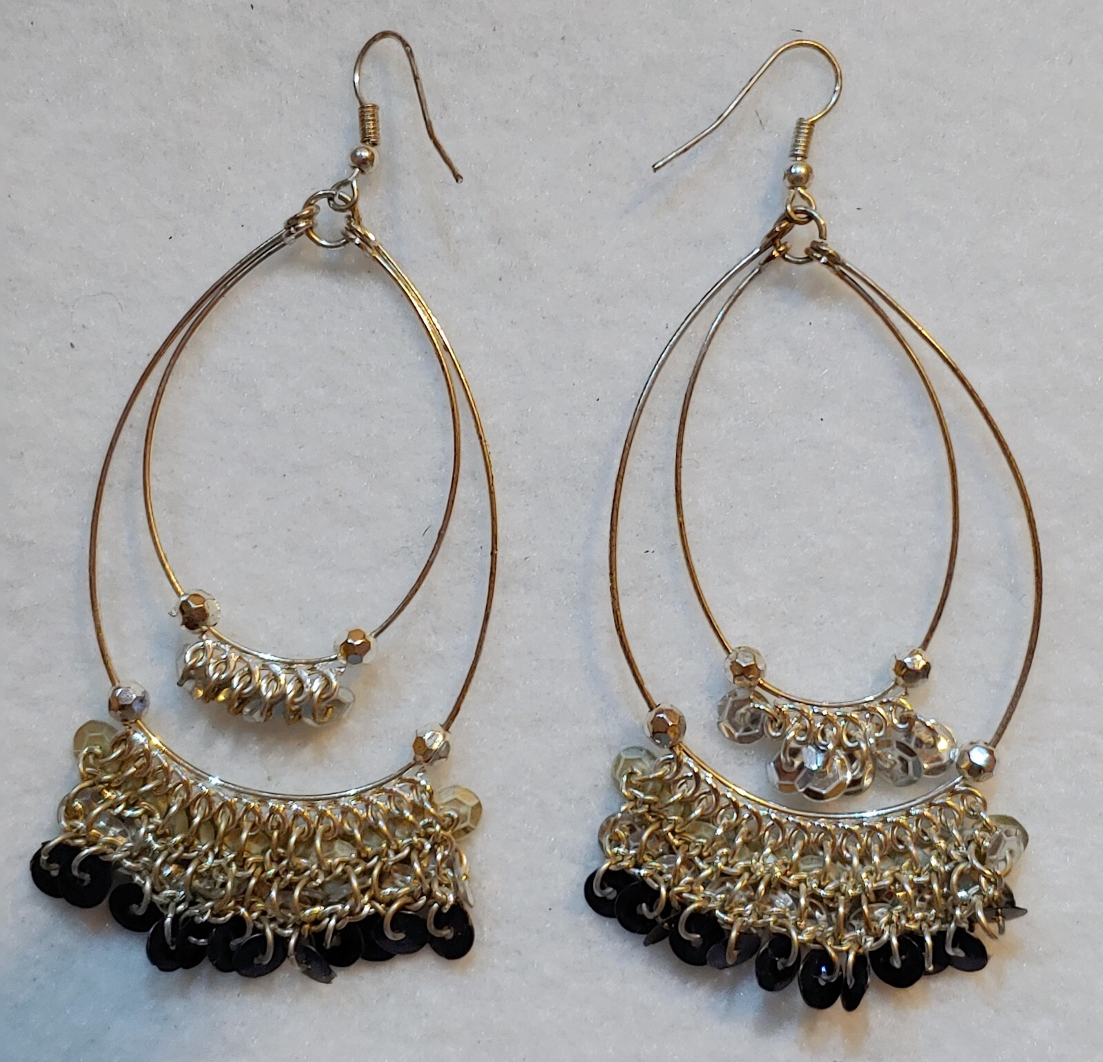 Pierced Earrings Silvertone Dangling Double Teardrop chain beaded as seen in pic
