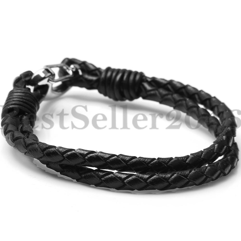 Men Women Braided Leather Bracelet Wrap Cuff With Stainless Steel Clasp 8in-9in