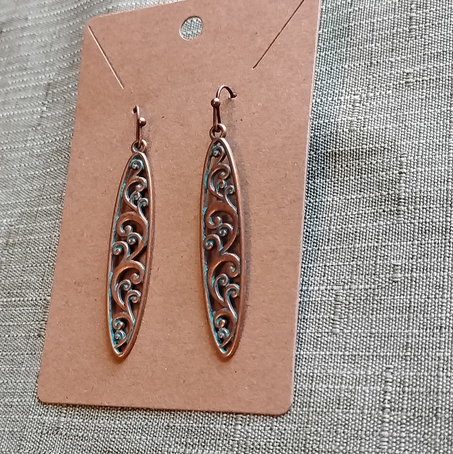 Copper Tone Oval Scroll Filigree Metal Dangle/Drop Hook Earrings for Lobe. 6019