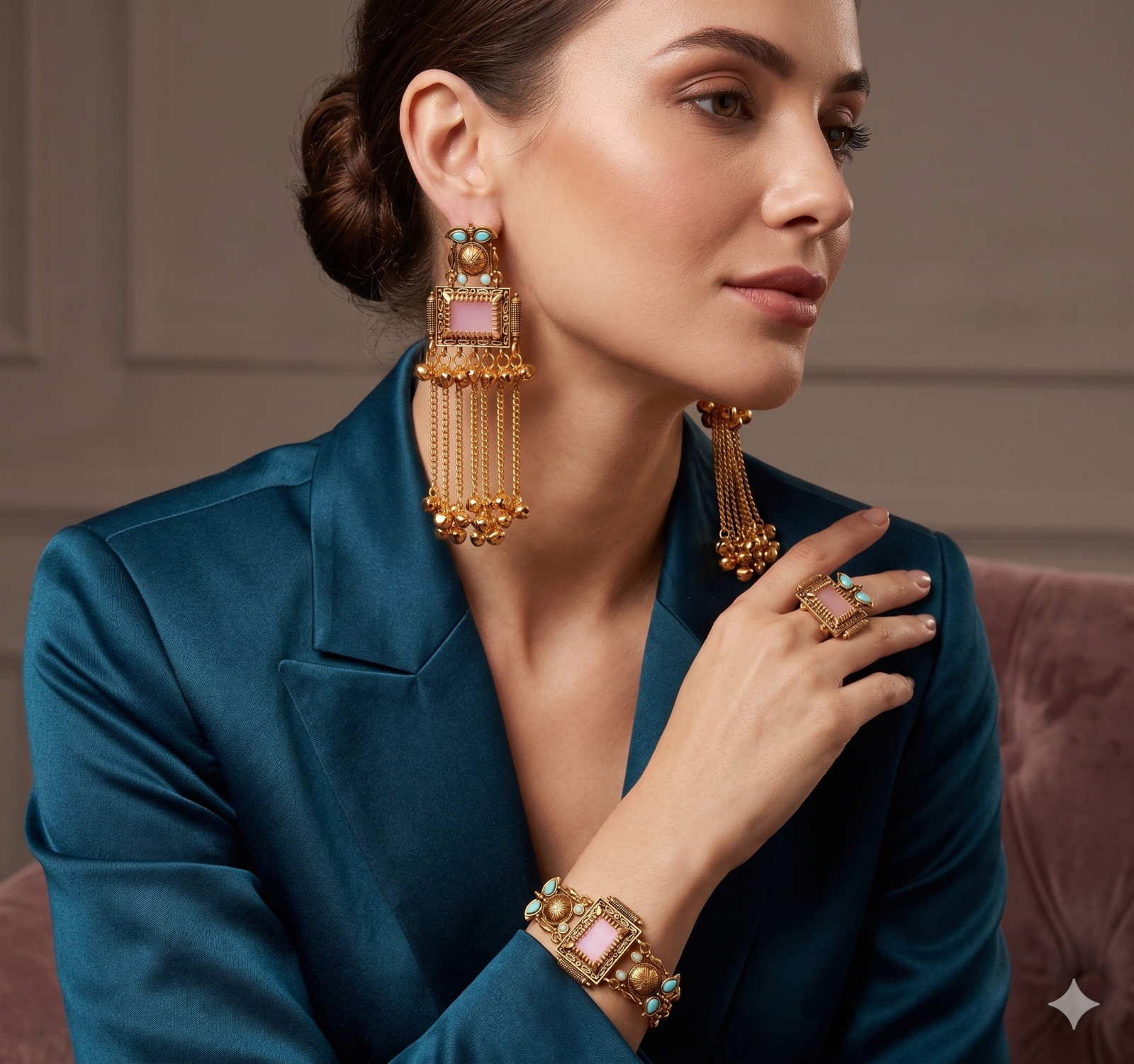 Traditional Indian Gold Plated Jhumka Pink Stone kashmiri Earrings Ghungroo Drop