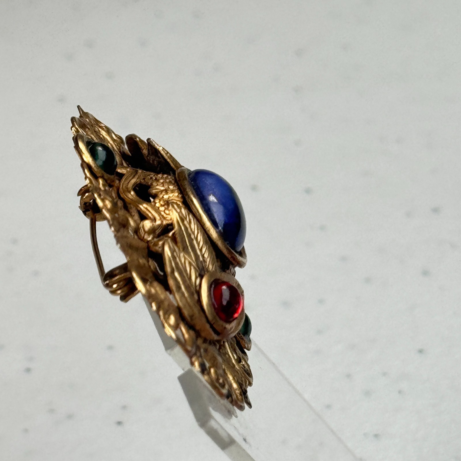 Vintage Brooch Blue Red Green jewel tone Gold Tone Ornate Floral Filigree mcm