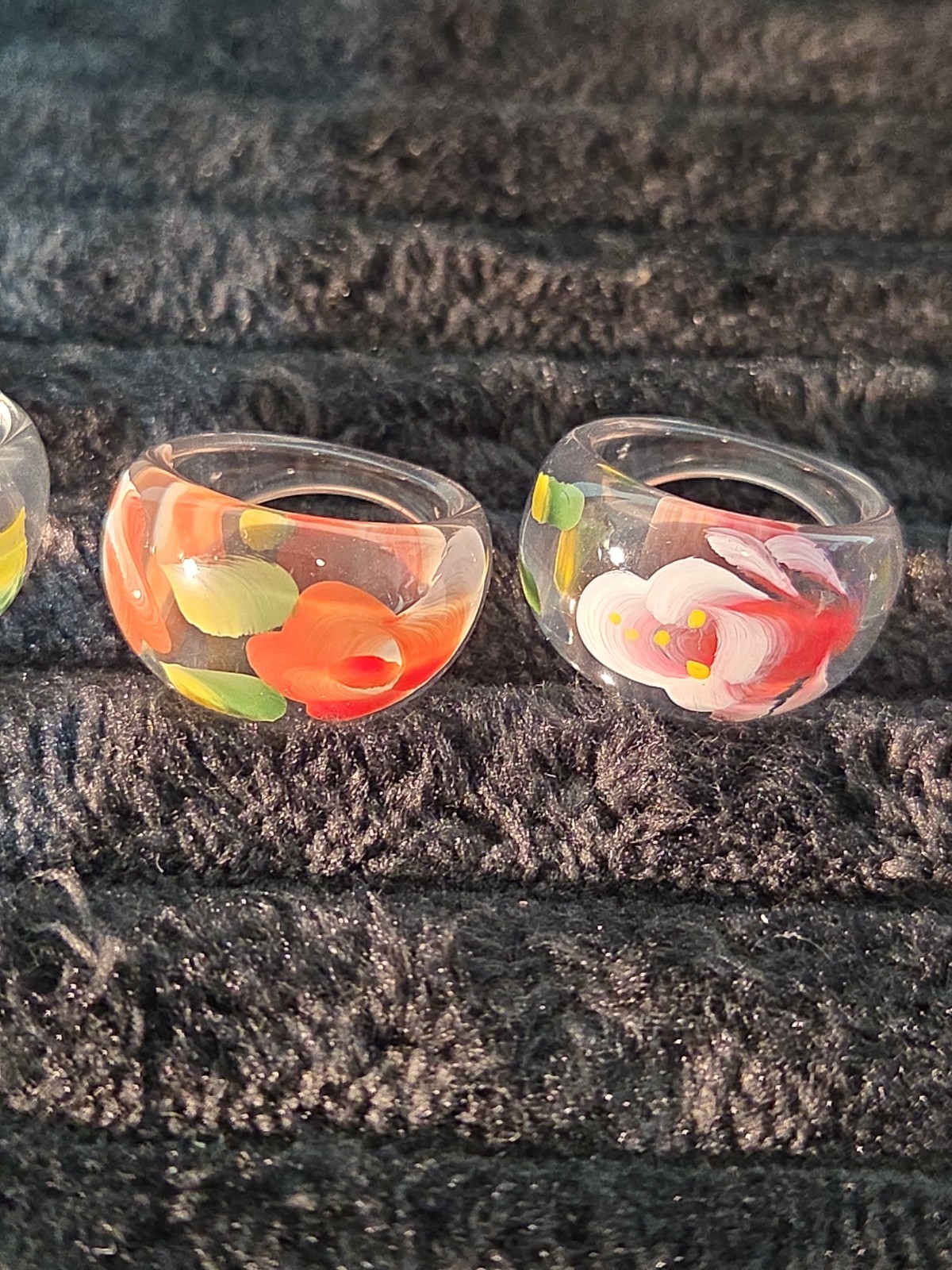 5 Plastic Resin Rings Multicolor Flower Ring Clear Band Handmade Painted Size 10