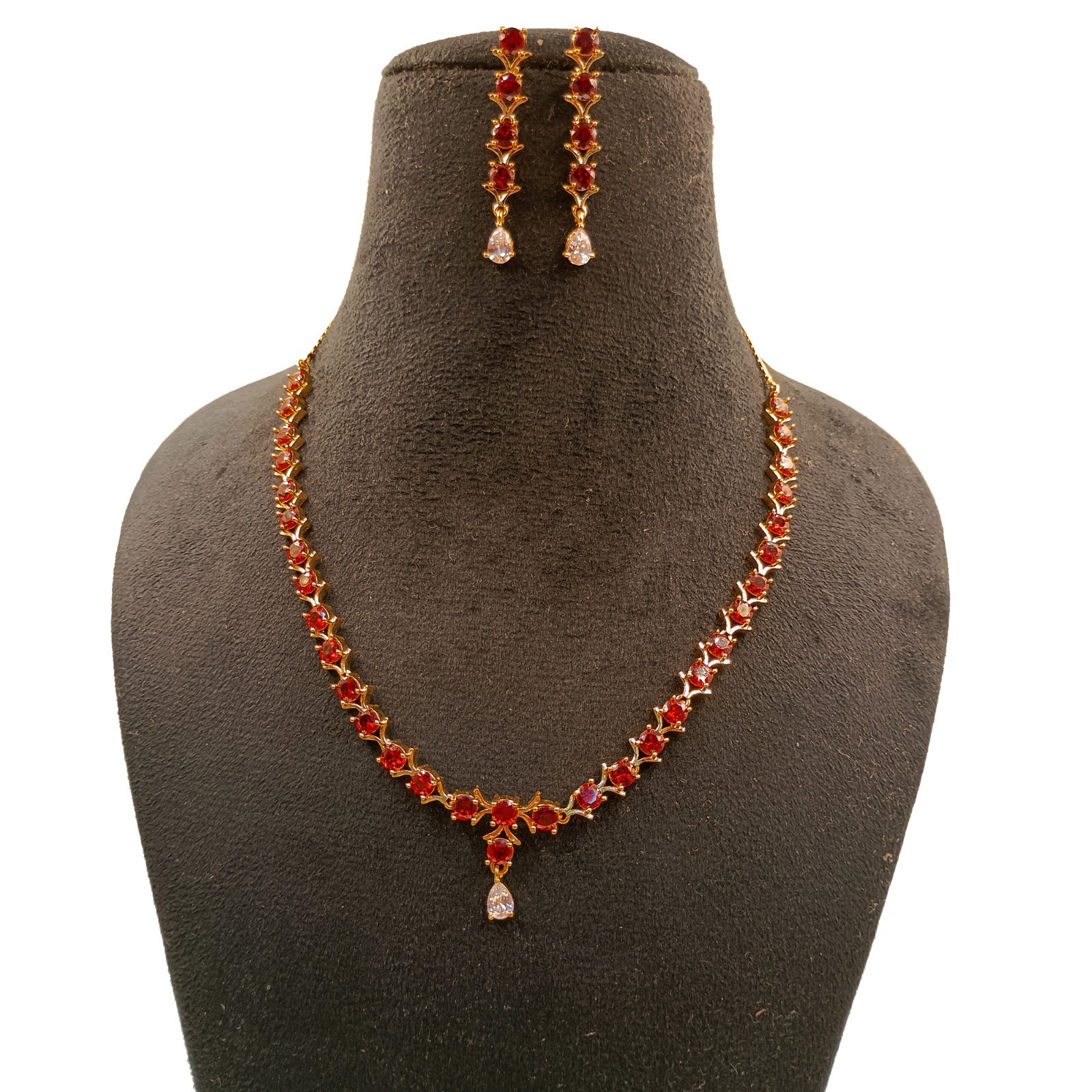 22K Gold Plated Rubellite Tourmaline Necklace Set Traditional Indian Choker Gift