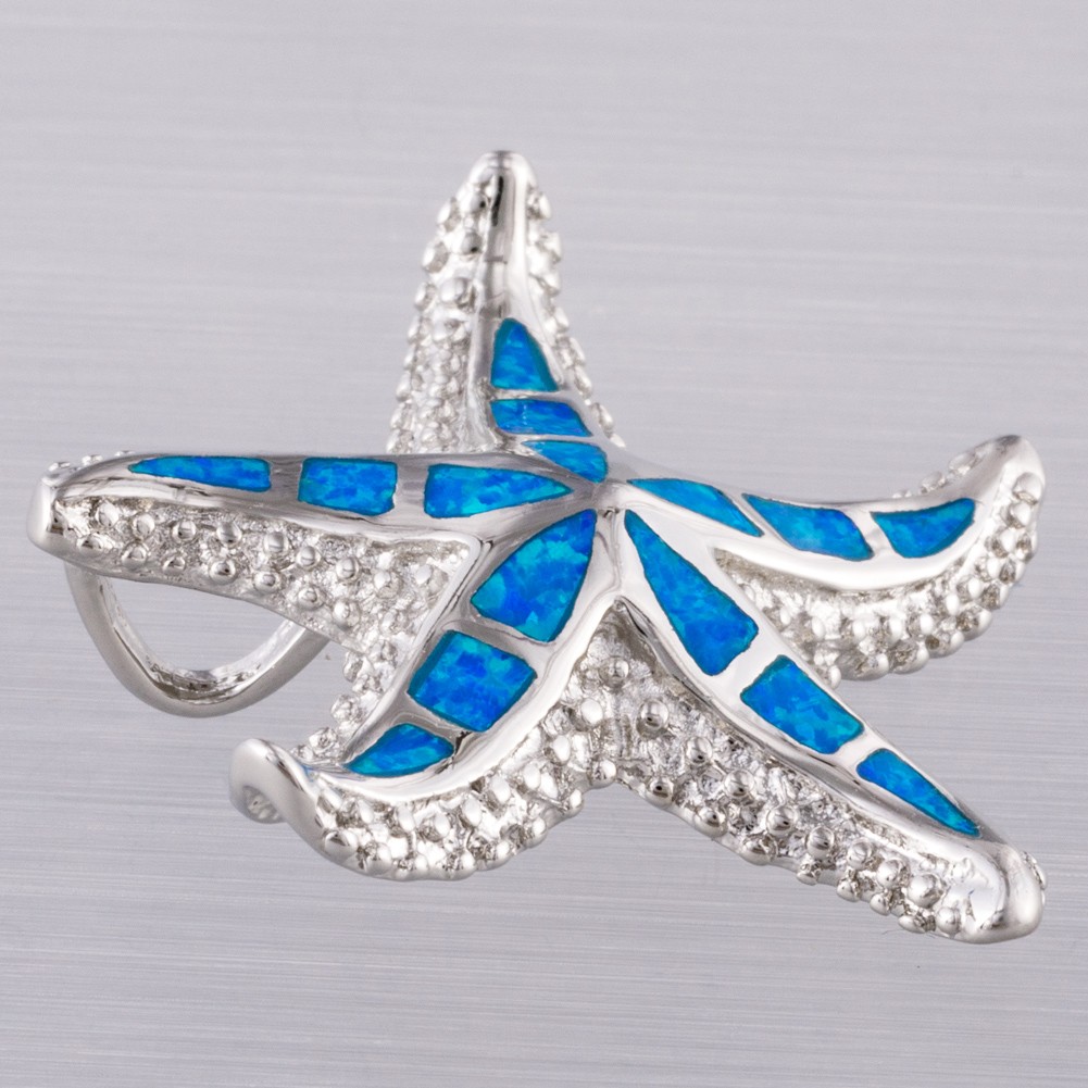 Vivid Starfish Ocean Blue Fire Opal Silver Jewelry Necklace Pendant