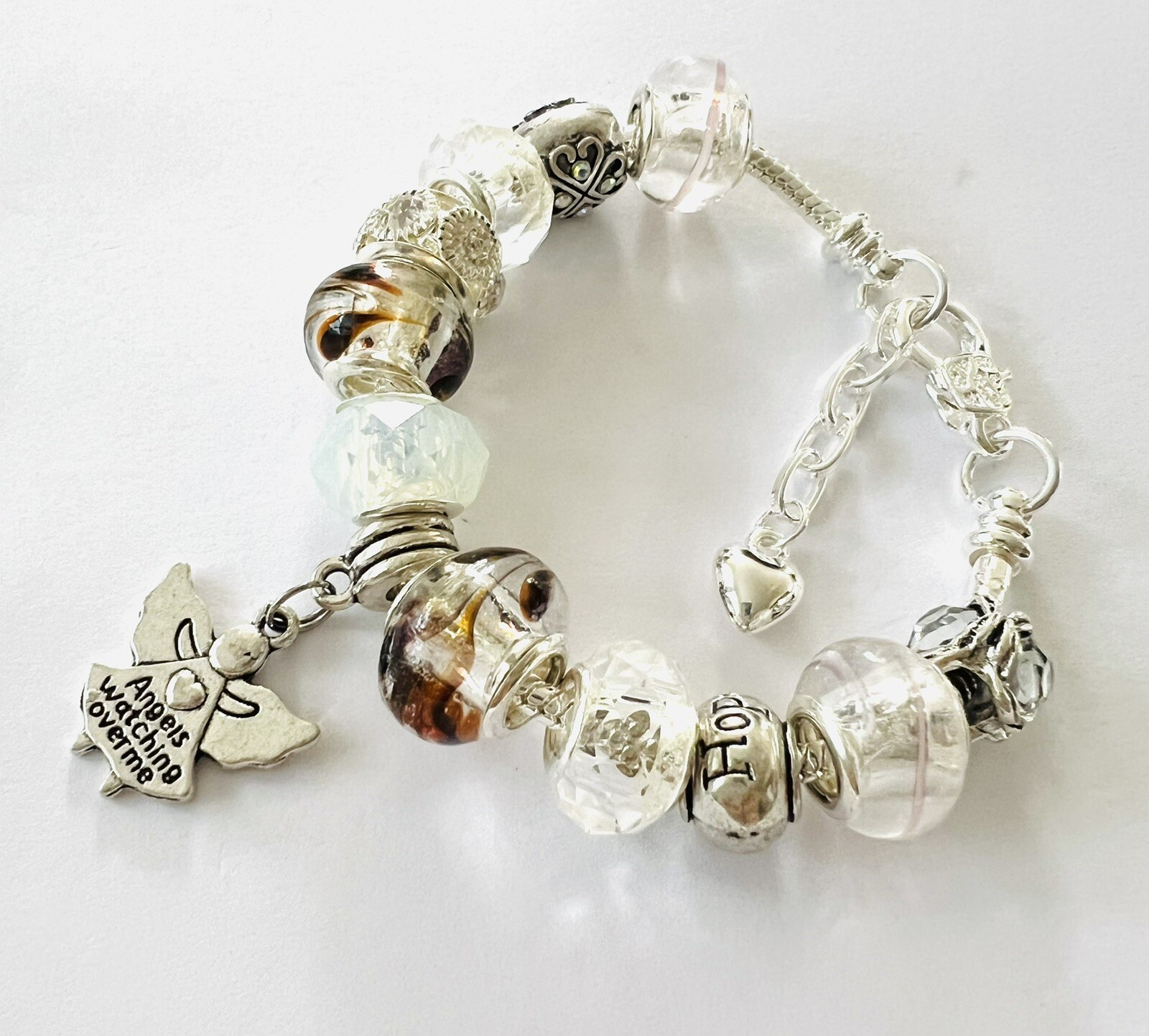 White & Silver Angel Birthday, Anniversary, European Charm Bracelet 5.5-6.5”