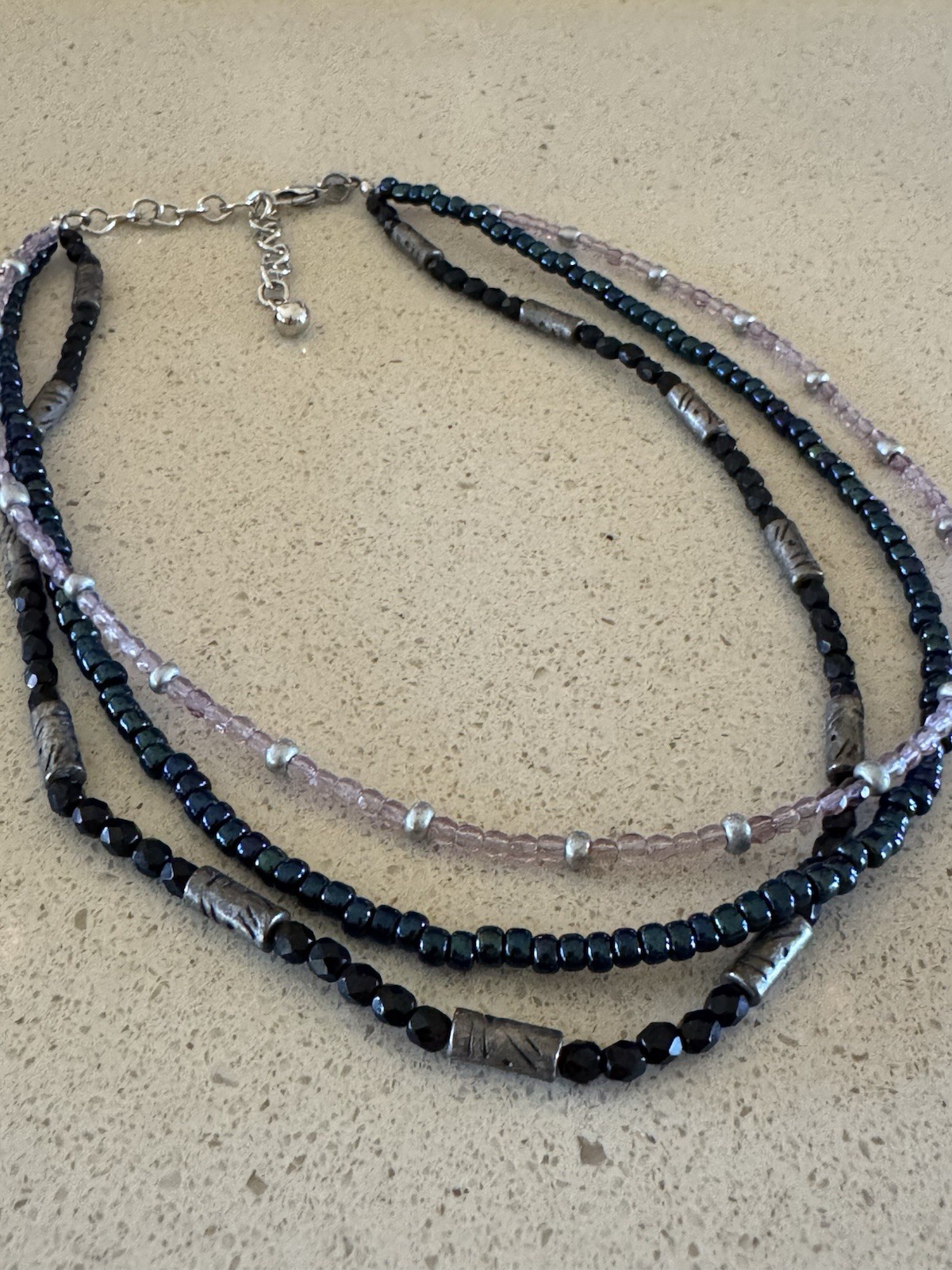 Multi-Strand Glass Beaded adjustable Necklace Black Blue Purple Silver Chico’s
