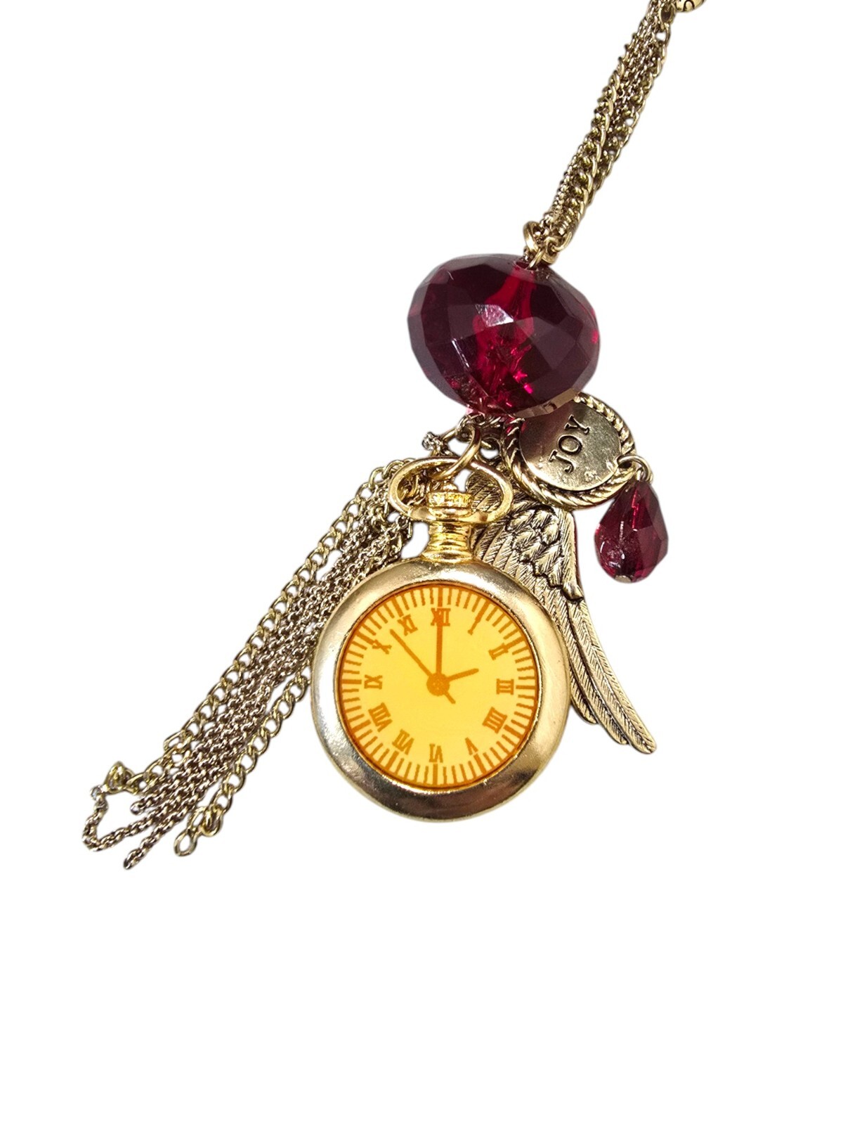Stephan & Co Women’s Gold Plated Trendy Red Charm Clock, Joy Necklace NWT