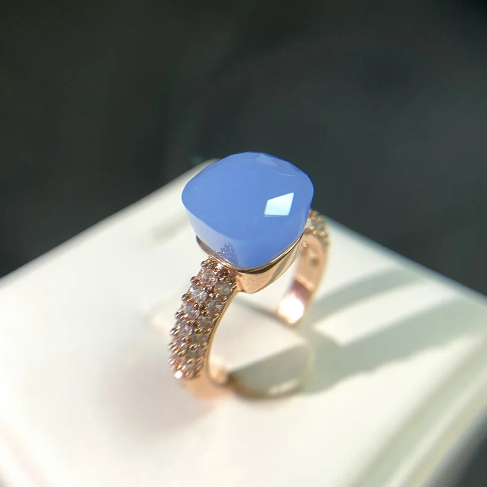 Cocktail Ring Square Zircon Crystal 10mm Gold Plated Colorful Stone Jewelry