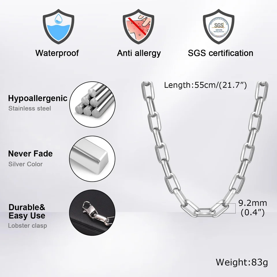 Stainless Steel Necklace Rectangular Link Chunky Heavy Chain Men Jewelry
