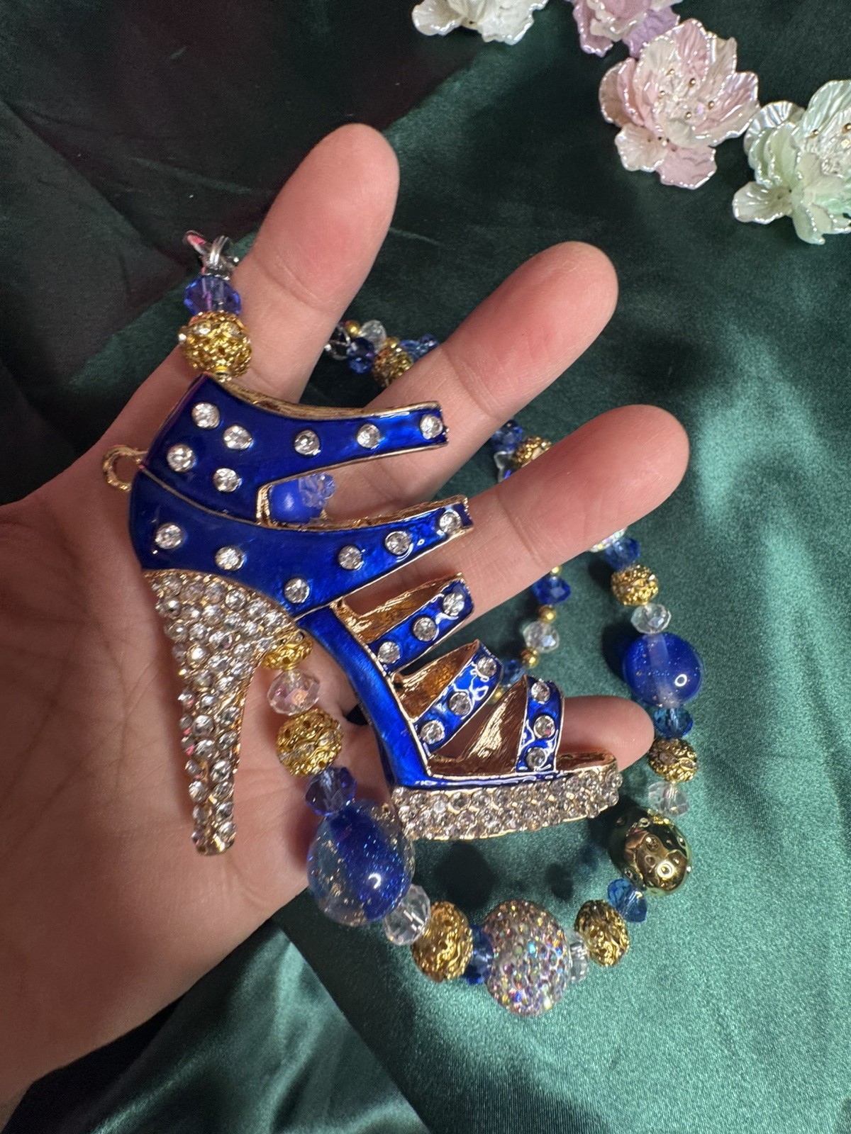 royal blue shoes Charm Pendant Beaded keychain charm Gold Plated Pavé Crystal