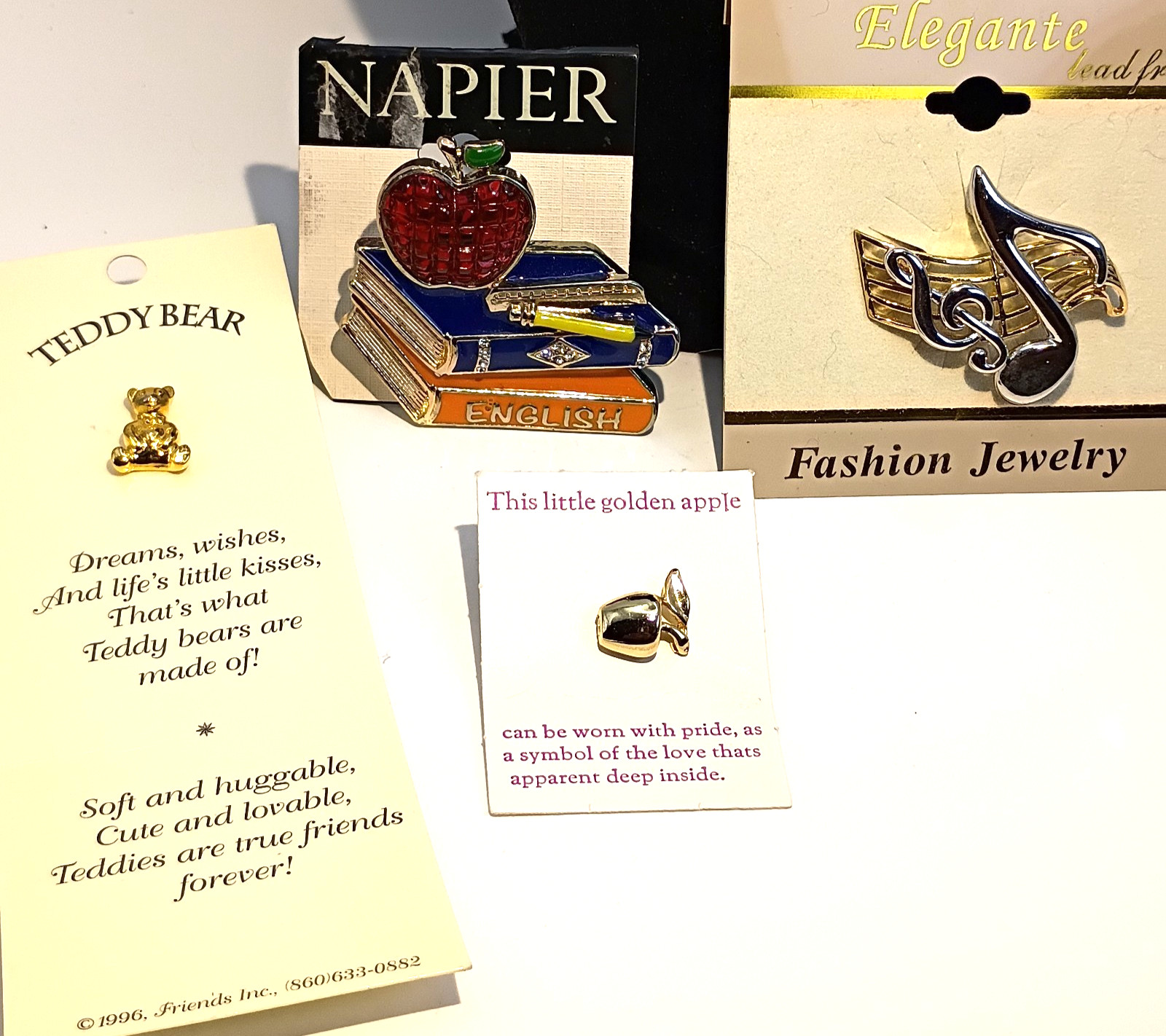 Lot Of 4 Brooch Pins Napier Teacher Appreciation Teddy Bear Music Golden Apple