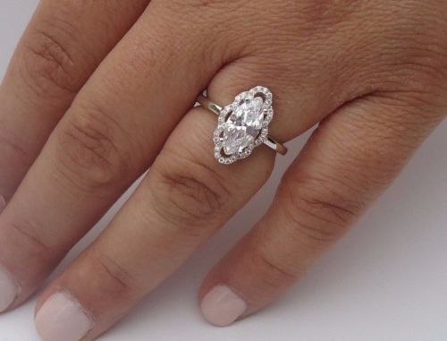 MARQUISE CENTER BRIDAL RING W/ 3 CTS LAB CREATED ACCENT / 925 STERLING SILVER