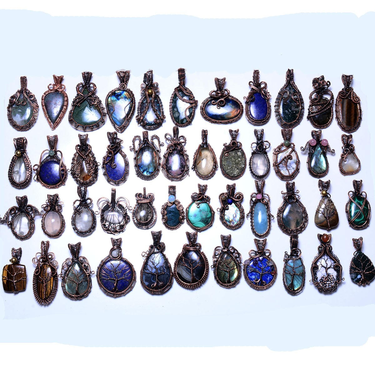 Natural Handmade Mix Gemstone Copper Wire Wrap 10 Pcs Lot Pendant Jewelry Reiki
