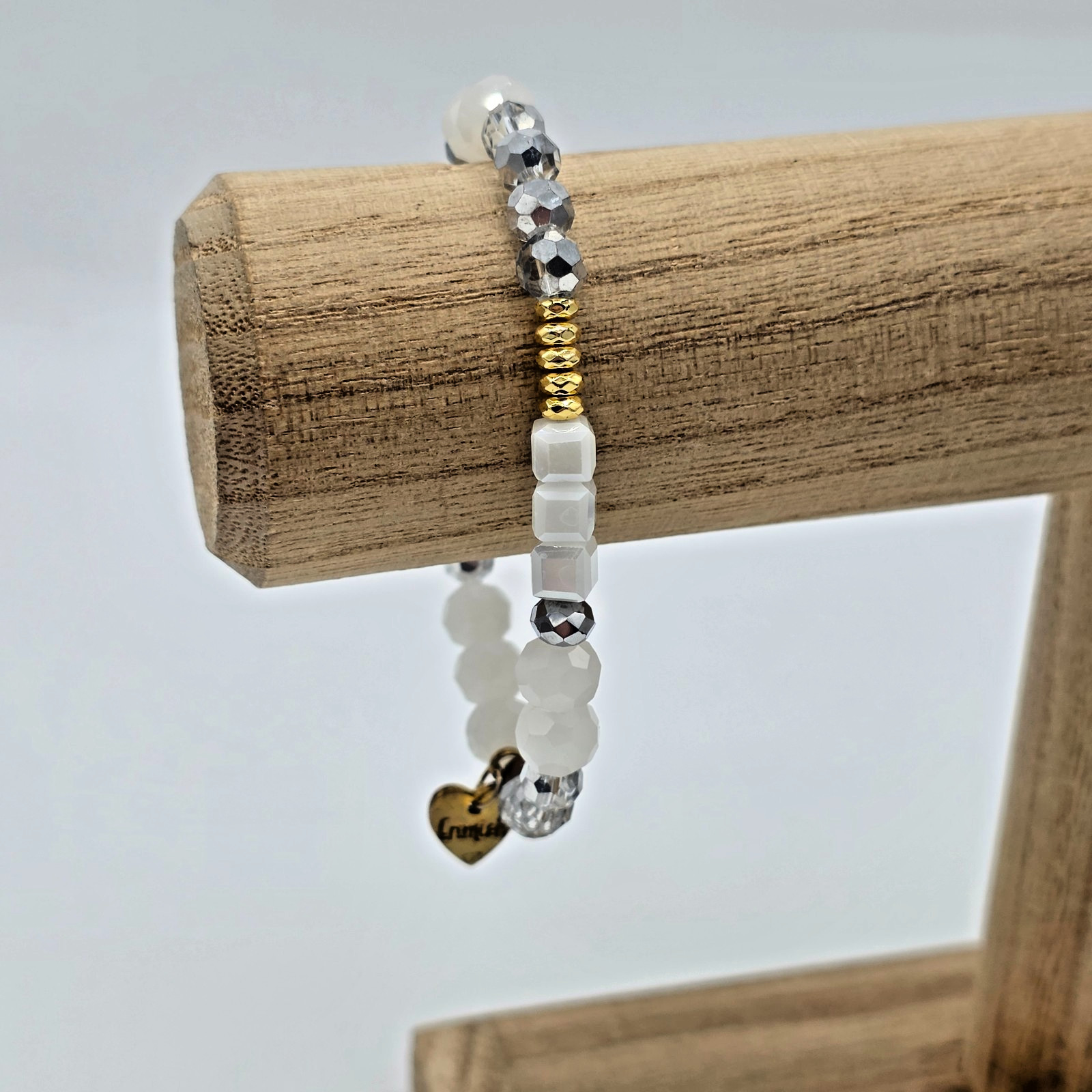 Erimish Cloud White Clear and Silver Ombre Crystal Stretch Bracelet Gold Accents
