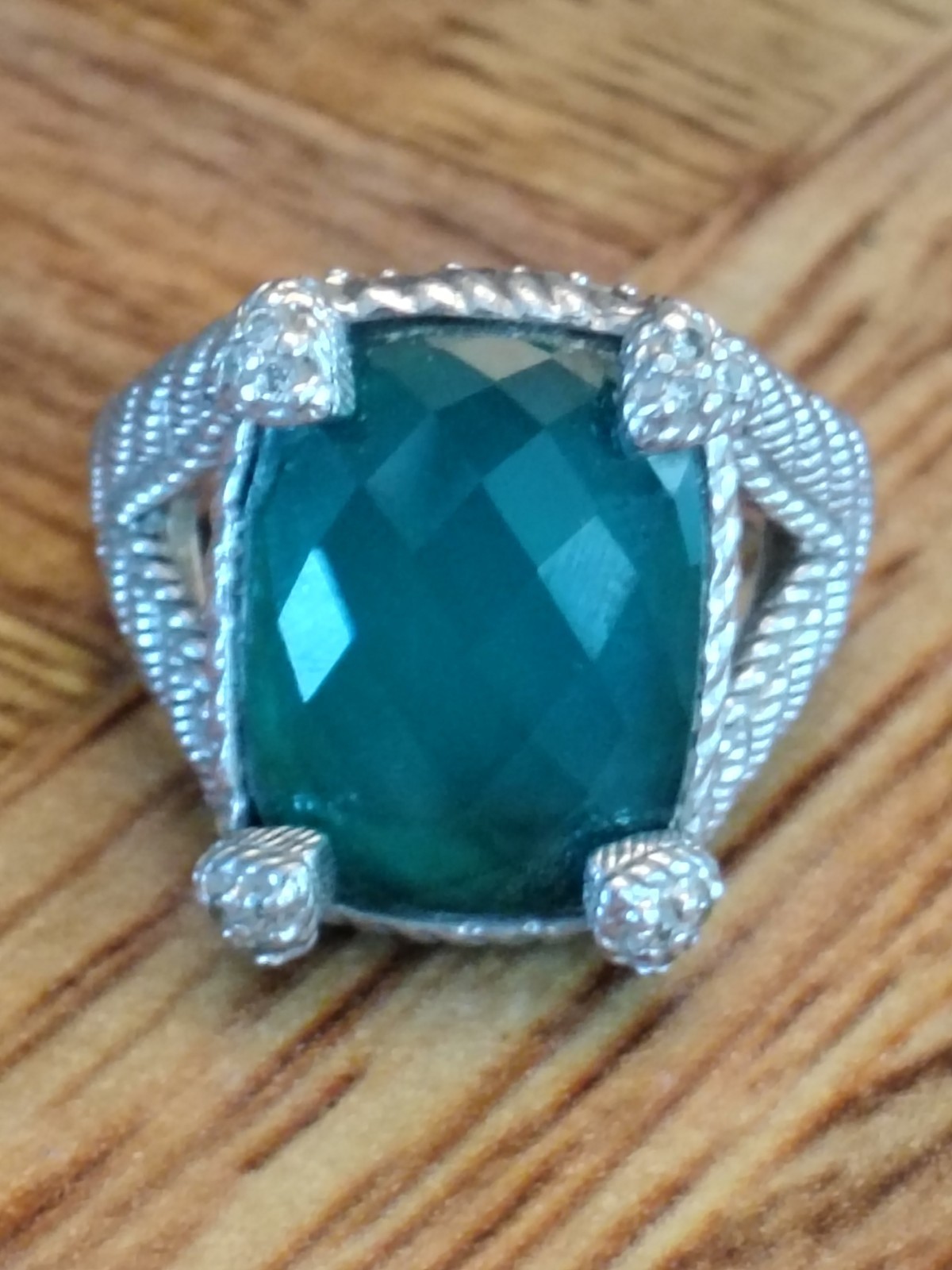 Judith Ripka 925 Sterling Silver Green Goddess Cushion Cut Ring Fleur-de-lis SZ6