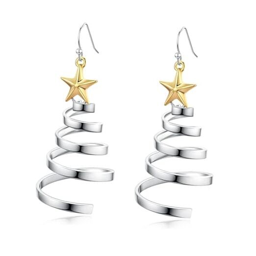 Handmade Christmas Tree Dangle Hoop Earrings Golden Silver Two Tone Women