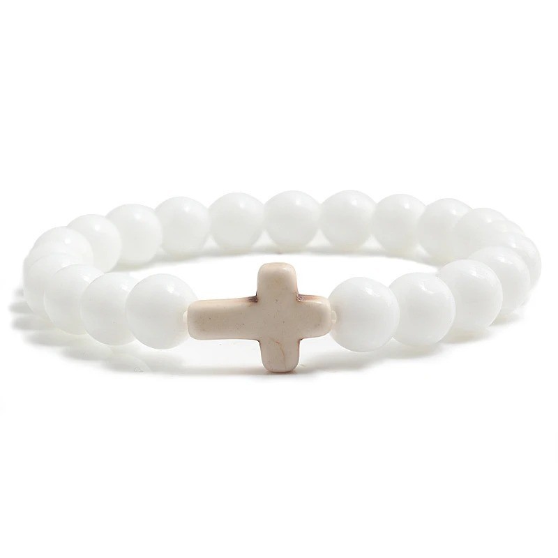 Cross Beaded Bracelet Natural Stone Handmade Men Women Prayer Gift