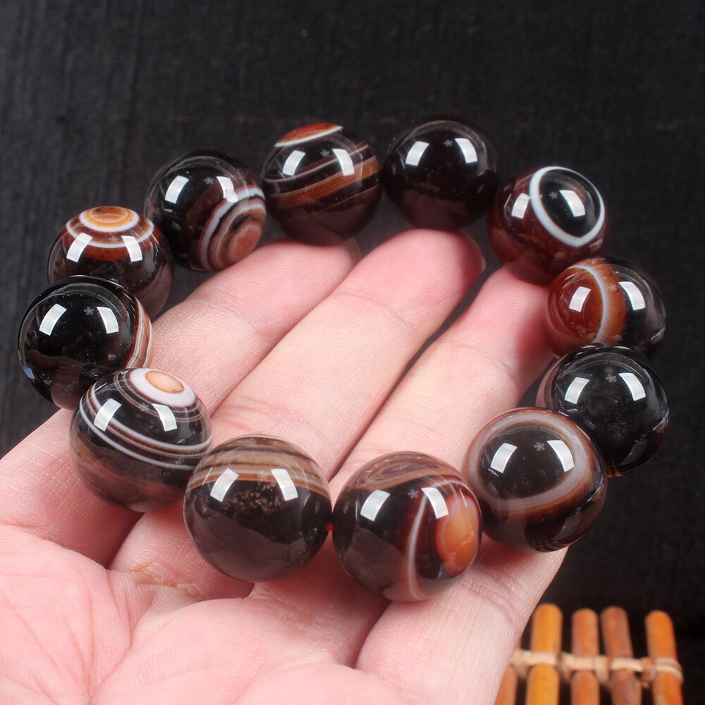 20mm Rare China Natural Agate Onyx Carved Buddha Beads Bracelet Bangle Wristlet