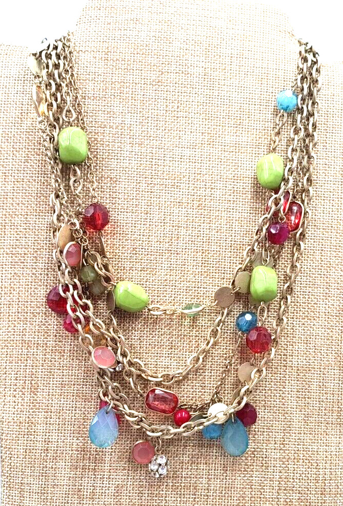 VTG Green Blue Red Pink Acrylic Beads Rhinestone Gold Tone 18″ Multi Necklace