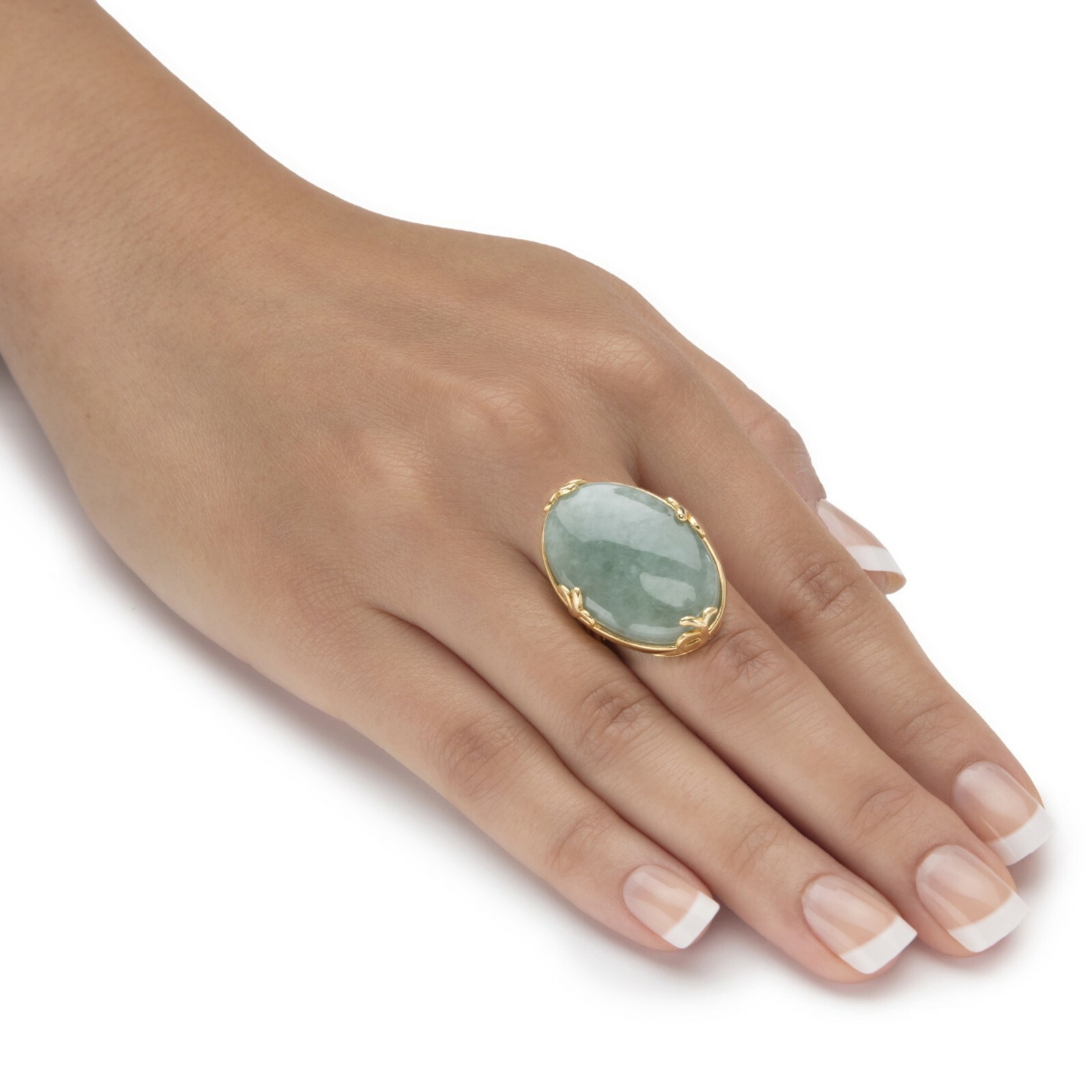 18K GOLD GREEN JADE OVAL CABOCHON GP RING SIZE 6 7 8 9 10
