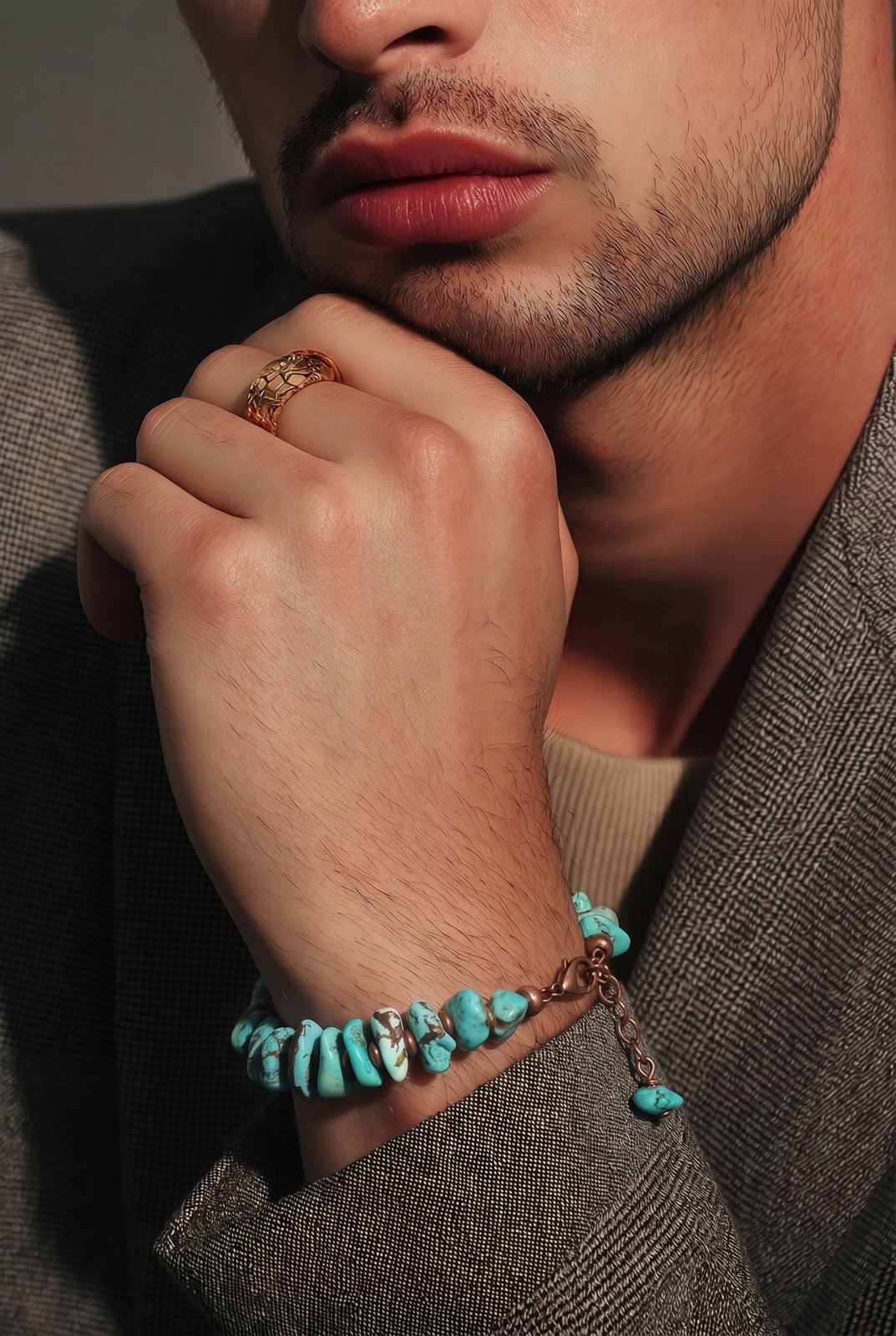 Blue king man Turquoise Bracelet Copper Cable Chain, Adjustable Lobster