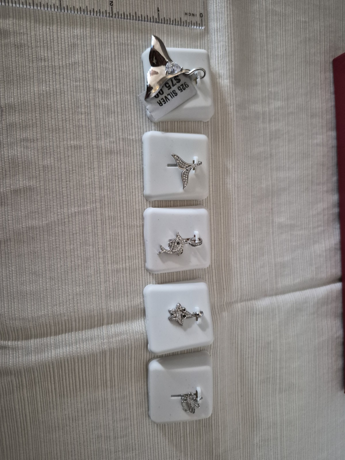 Lot of 4 925 Sterling Silver Moissanite Sea Animal Charm Pendant Set, 1 Spinel