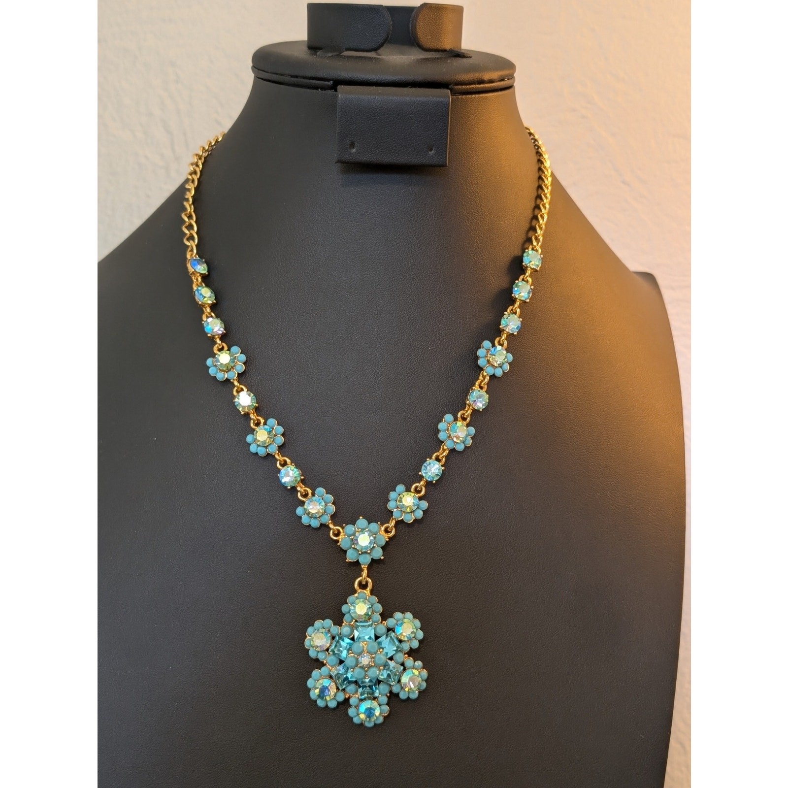 Authentic Cara Blue AB Crystal Gold Tone Pendant 16″ – 20.5″ Necklace