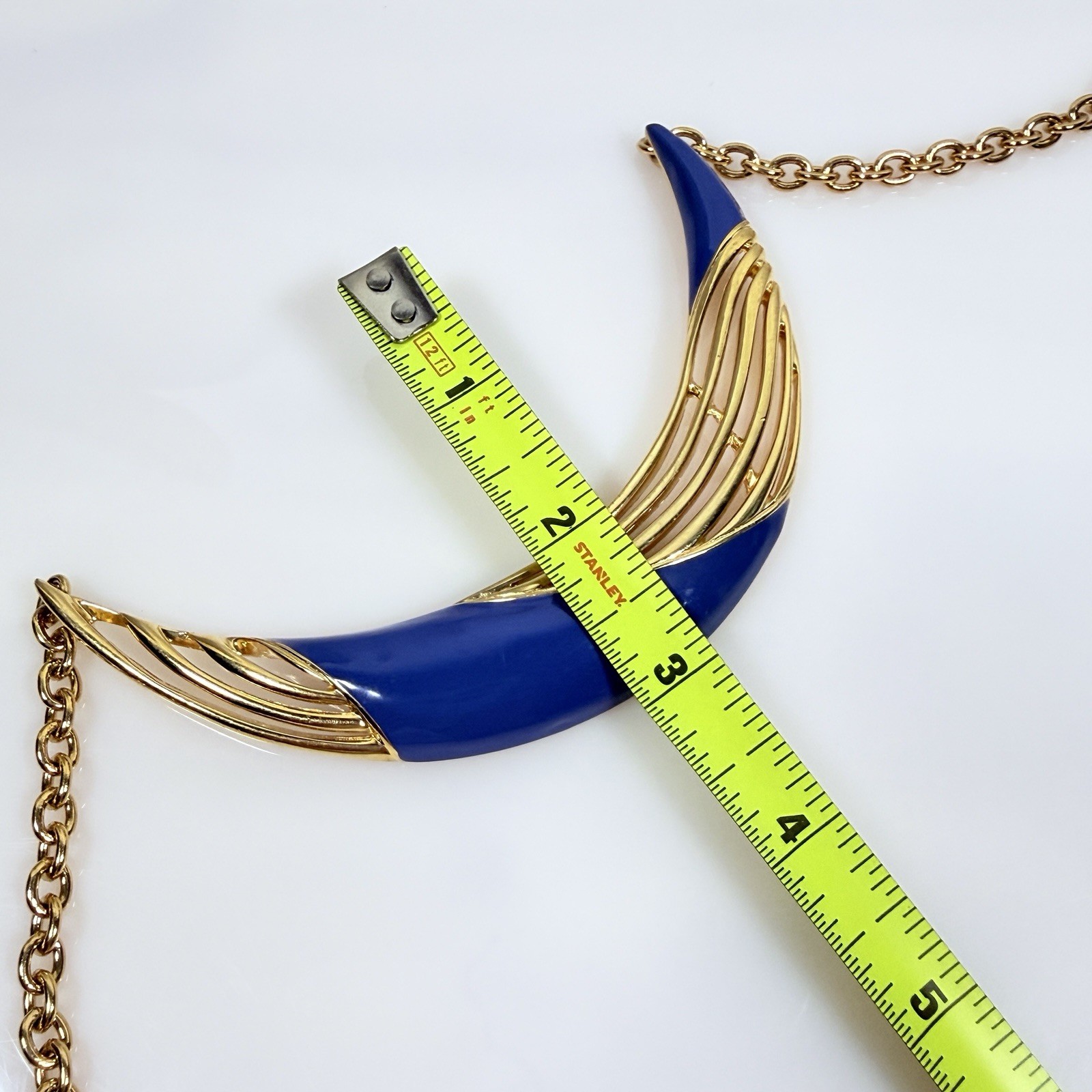 Vintage MONET Necklace Gold Tone Blue Enamel Geometric Collar Statement 17″