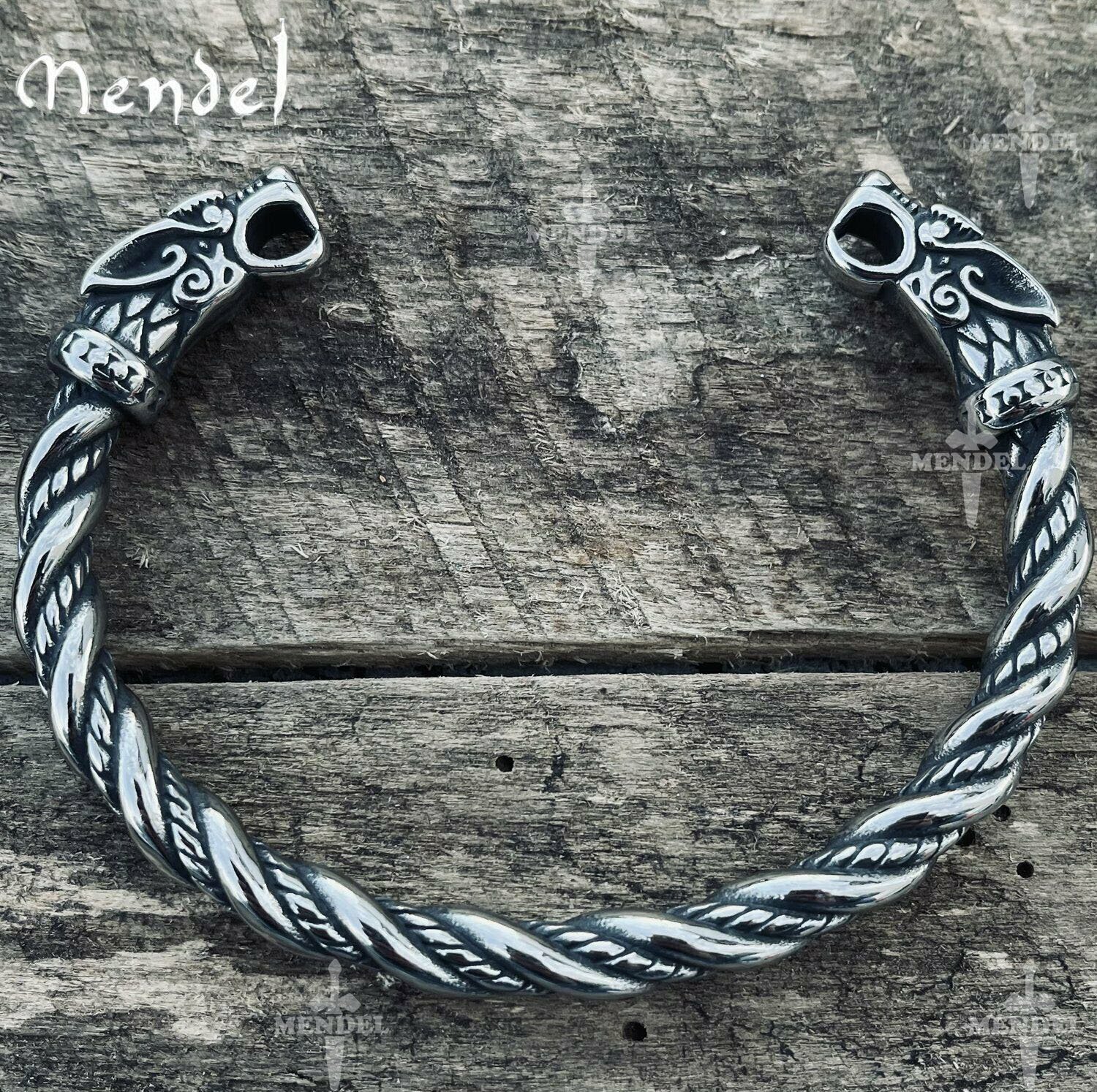 MENDEL 7 Inch Mens Stainless Steel Norse Viking Wolf Head Cuff Bracelet For Men