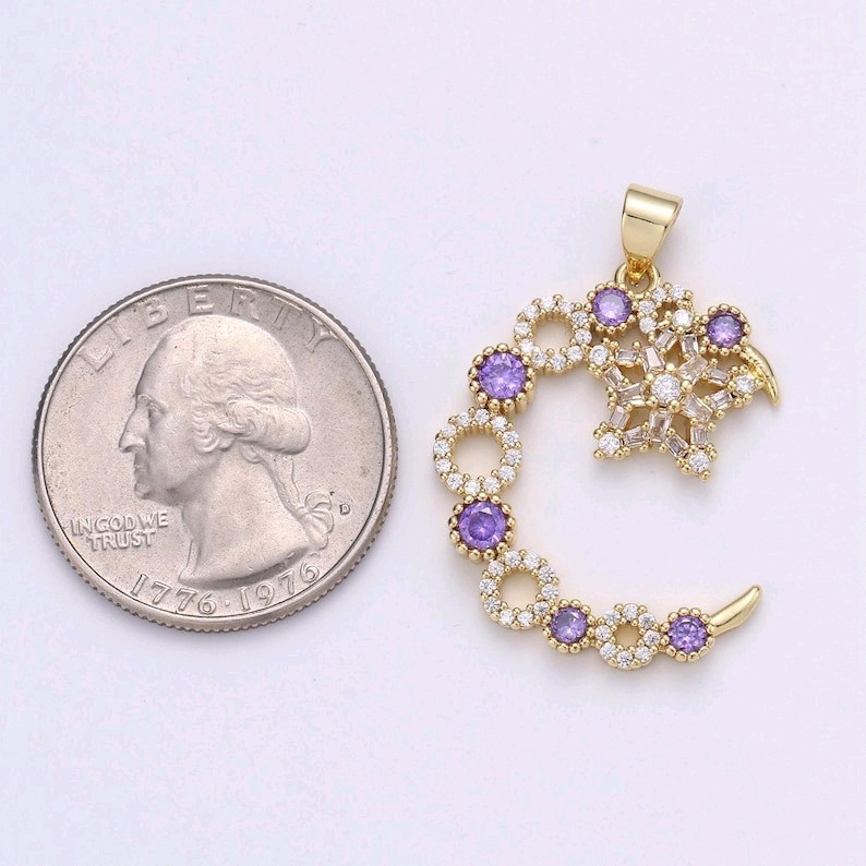 24k Gold Micro Pave CZ Star, Purple CZ & Crescent Moon Pendant DIY Jewelry Charm