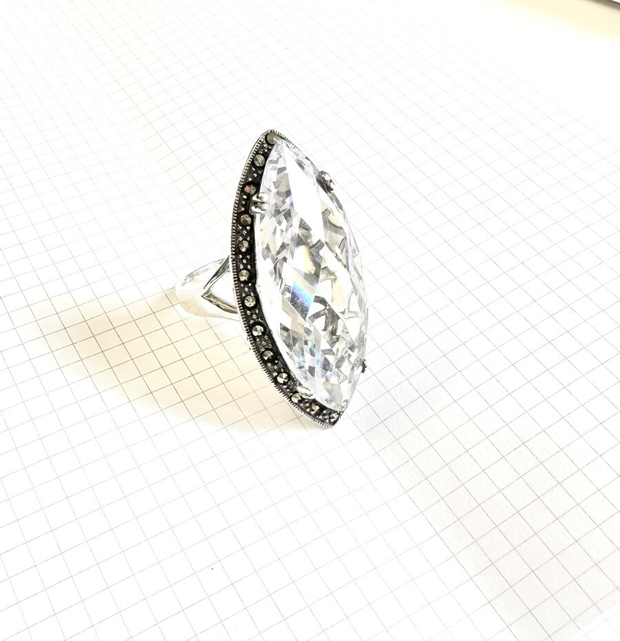 (SIZE 6,7,8,9) HUGE Marquise Clear CZ STONE RING Marcasite .925 STERLING SILVER