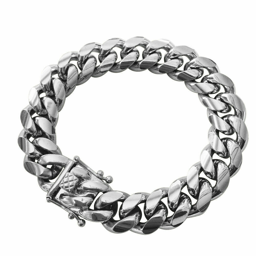 100% Stainless Steel White Gold Plated Miami Cuban Link Chain Bracelet 8MM-14MM