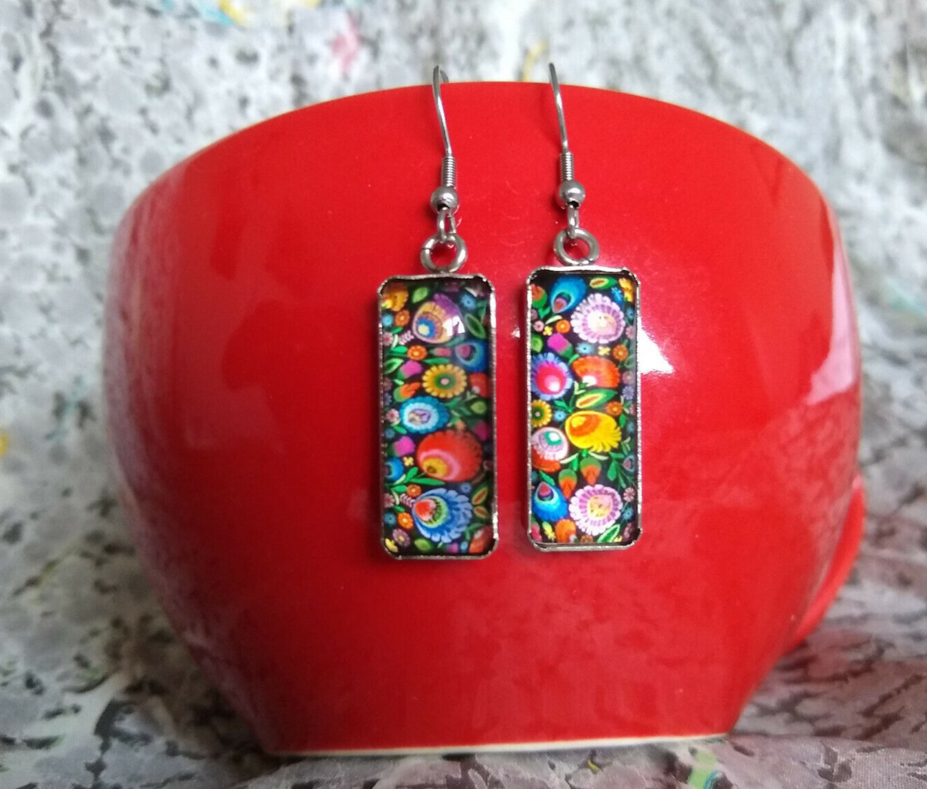 Polish Folk Art Painting Floral Glass Dangle Earrings Handmade Vibrant Unique 