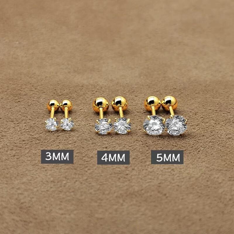 Gold Round CZ Crystal Stud Earrings Screw Back Surgical Steel Ear Stud 2-6mm 2PC