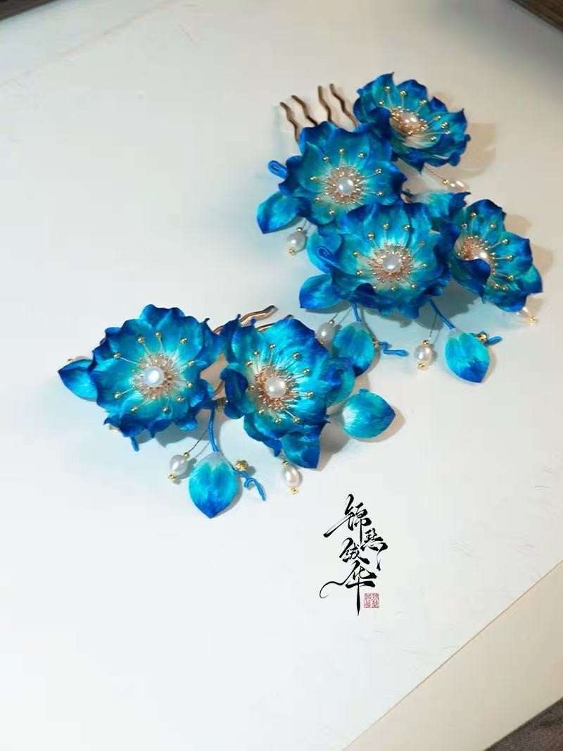 Blue Silk Velvet Hair Comb, Traditional Chinese Hanfu Qipao Hair Accessory